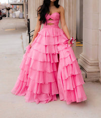AMARRA Strapless Fun Tiered Skirt Prom Dress in bright pink - women's dress - detail view