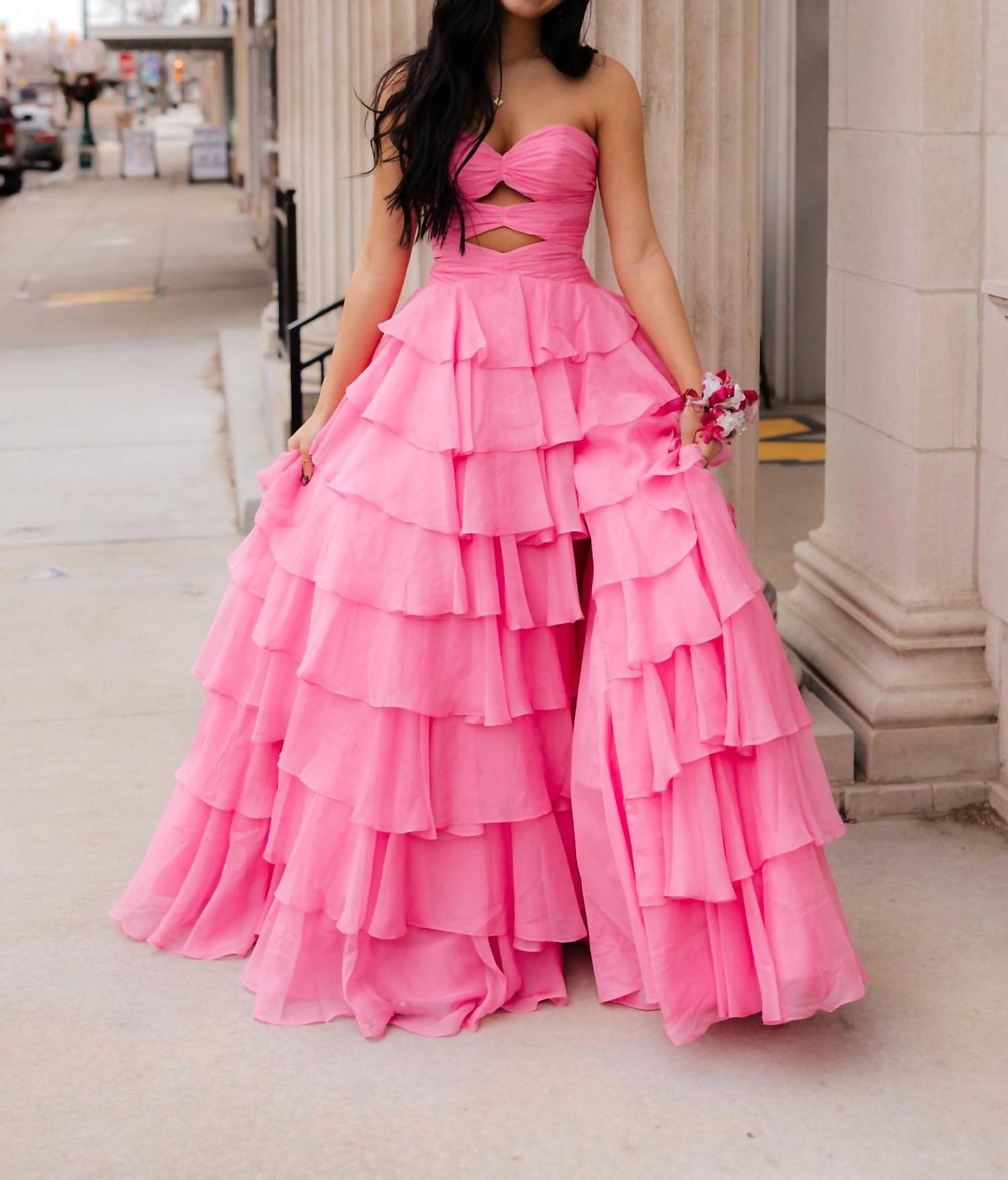 AMARRA Strapless Fun Tiered Skirt Prom Dress in bright pink - women's dress - detail view