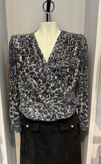 ESQUALO Women's Sequin Animal Print Top in silver - women's long sleeve top