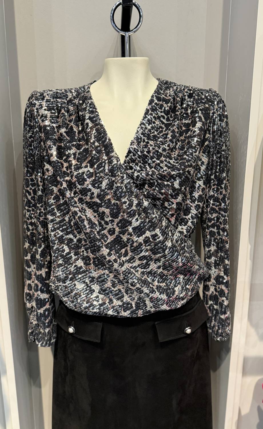 ESQUALO Women's Sequin Animal Print Top in silver - women's long sleeve top