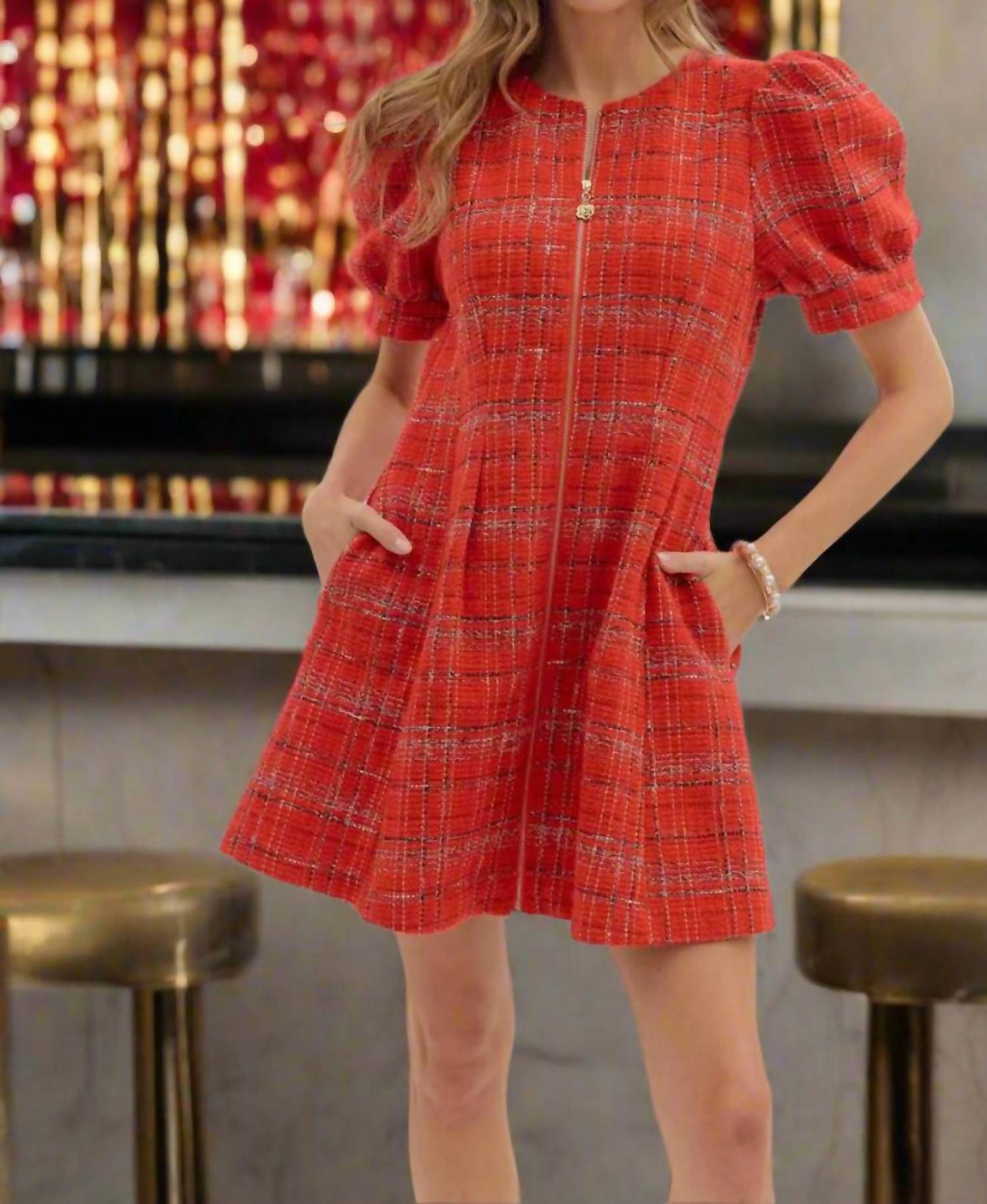 entro Plaid Puff Sleeve Mini Dress With Front Zip in red - women's dress