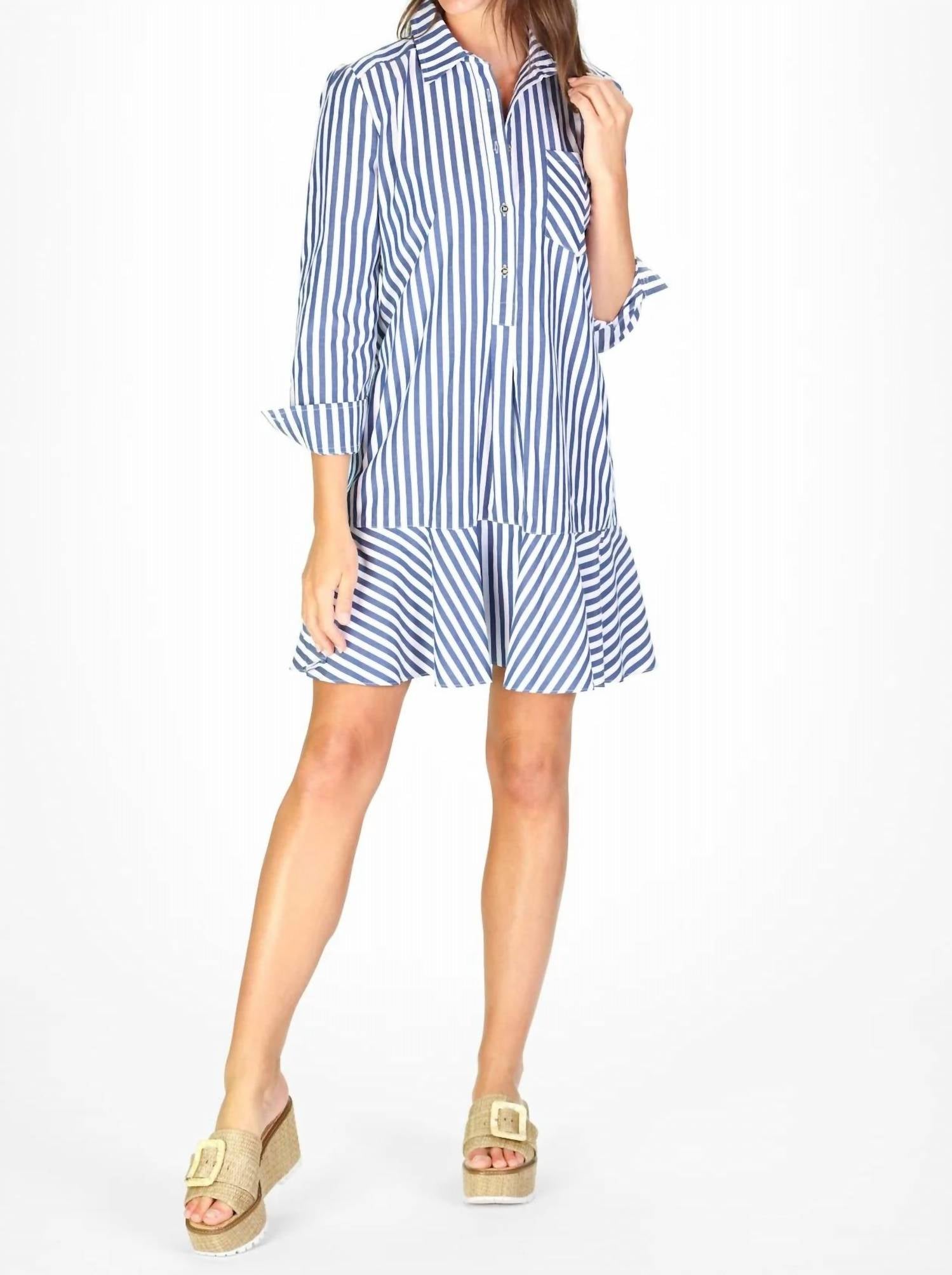 Duffield Lane Iris Classic Stripe Mini Dress in navy and white - women's dress - detail view