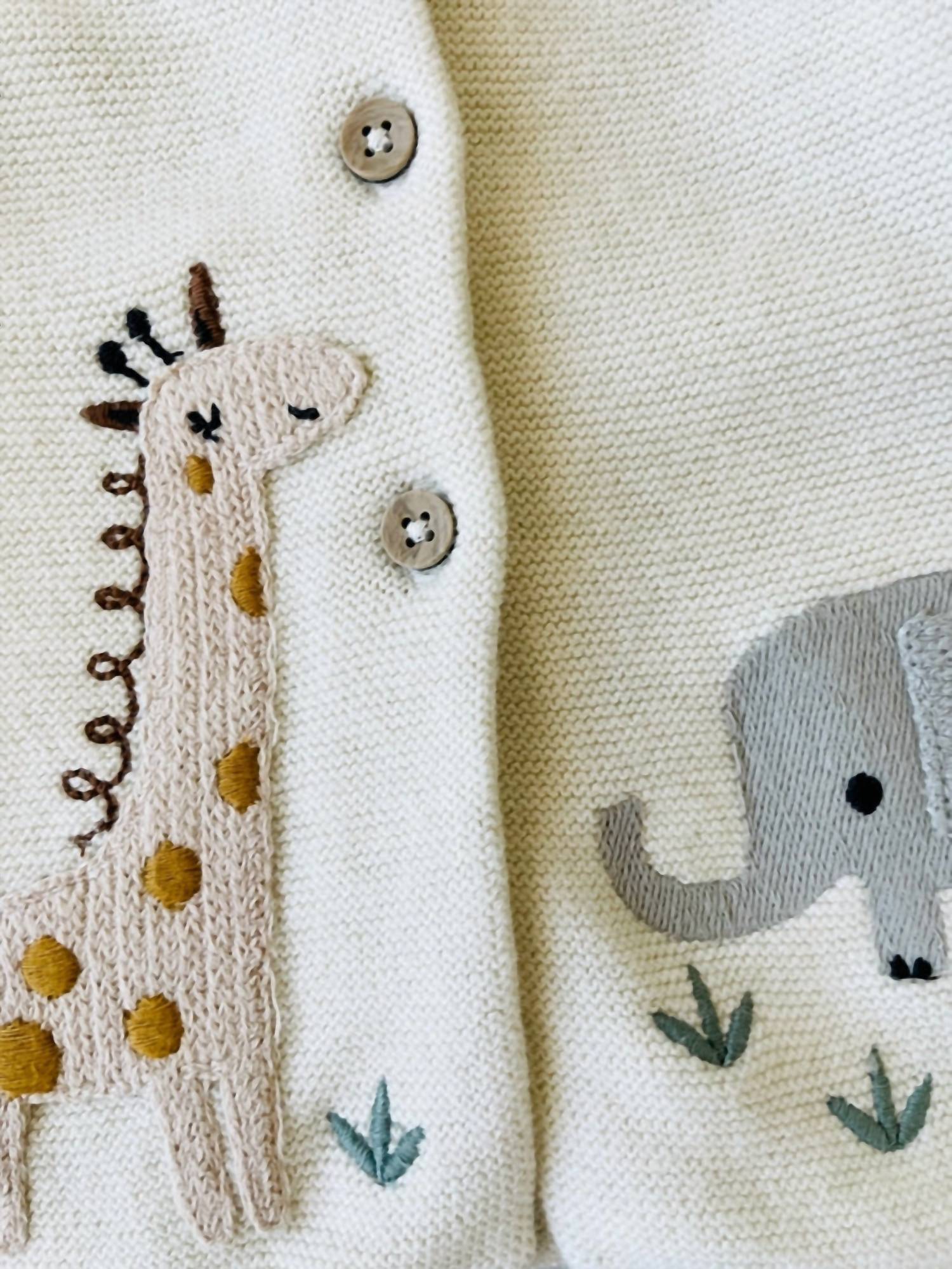 VIVERANO Organics Kid's Animal Safari Embroidered Cardigan Sweater in natural - kids' sweater - detail view