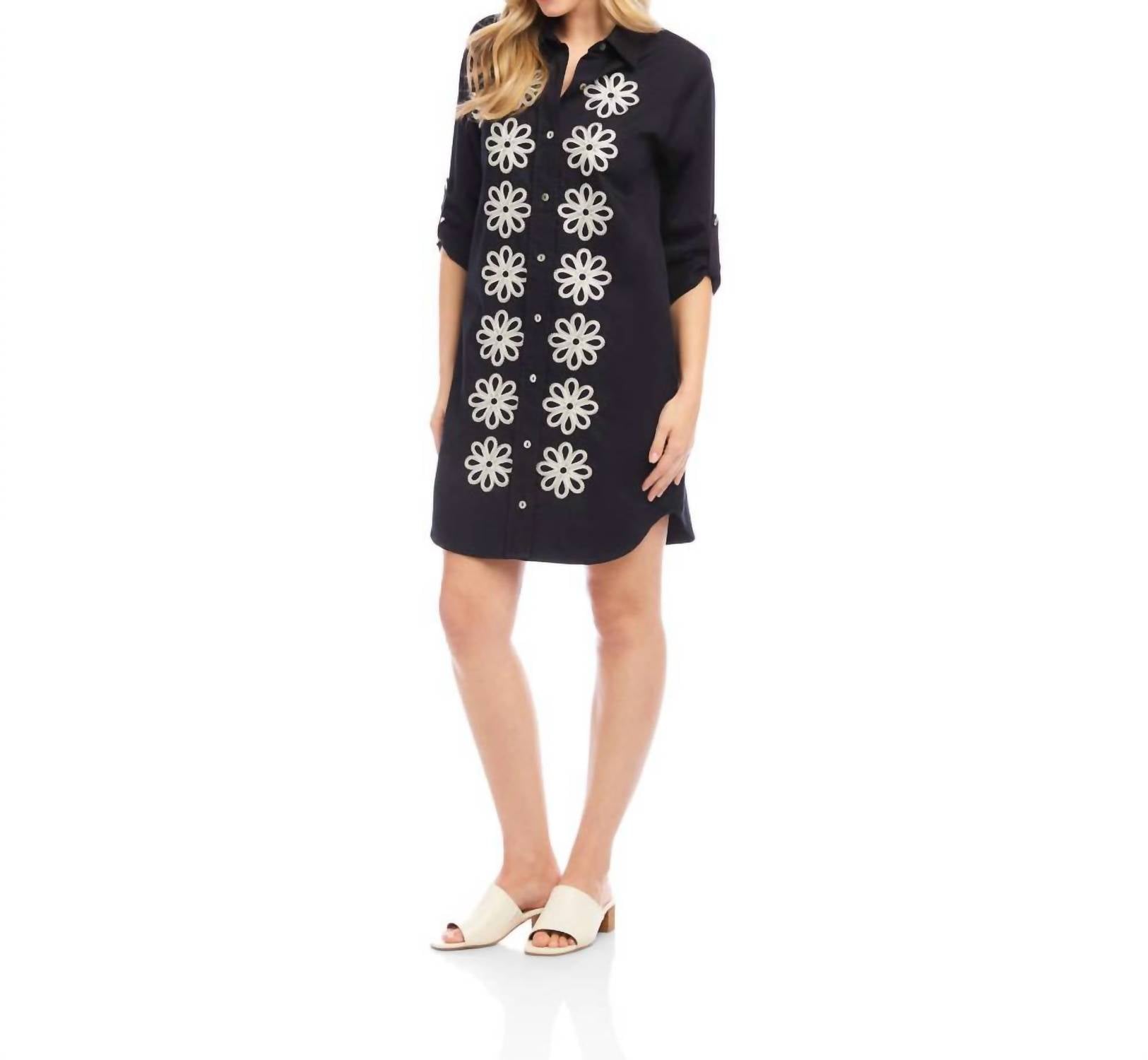 Karen Kane - Petite Size Roll Tab Embroidered Mini Shirtdress