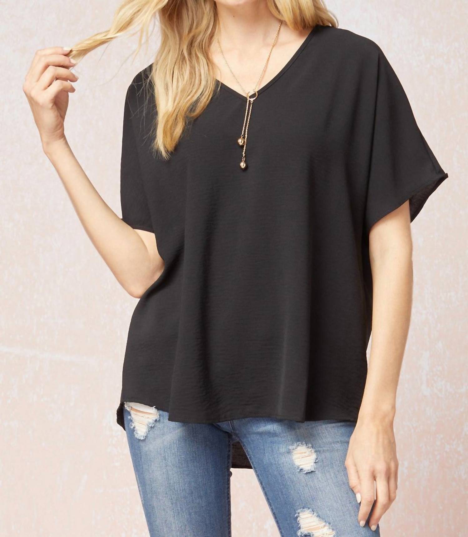 entro Solid V-neck Top in black - women's shirt