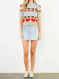 THML With All My Heart Short Sleeve Heart Knit Top in beige multi - women's sweater - alternate view