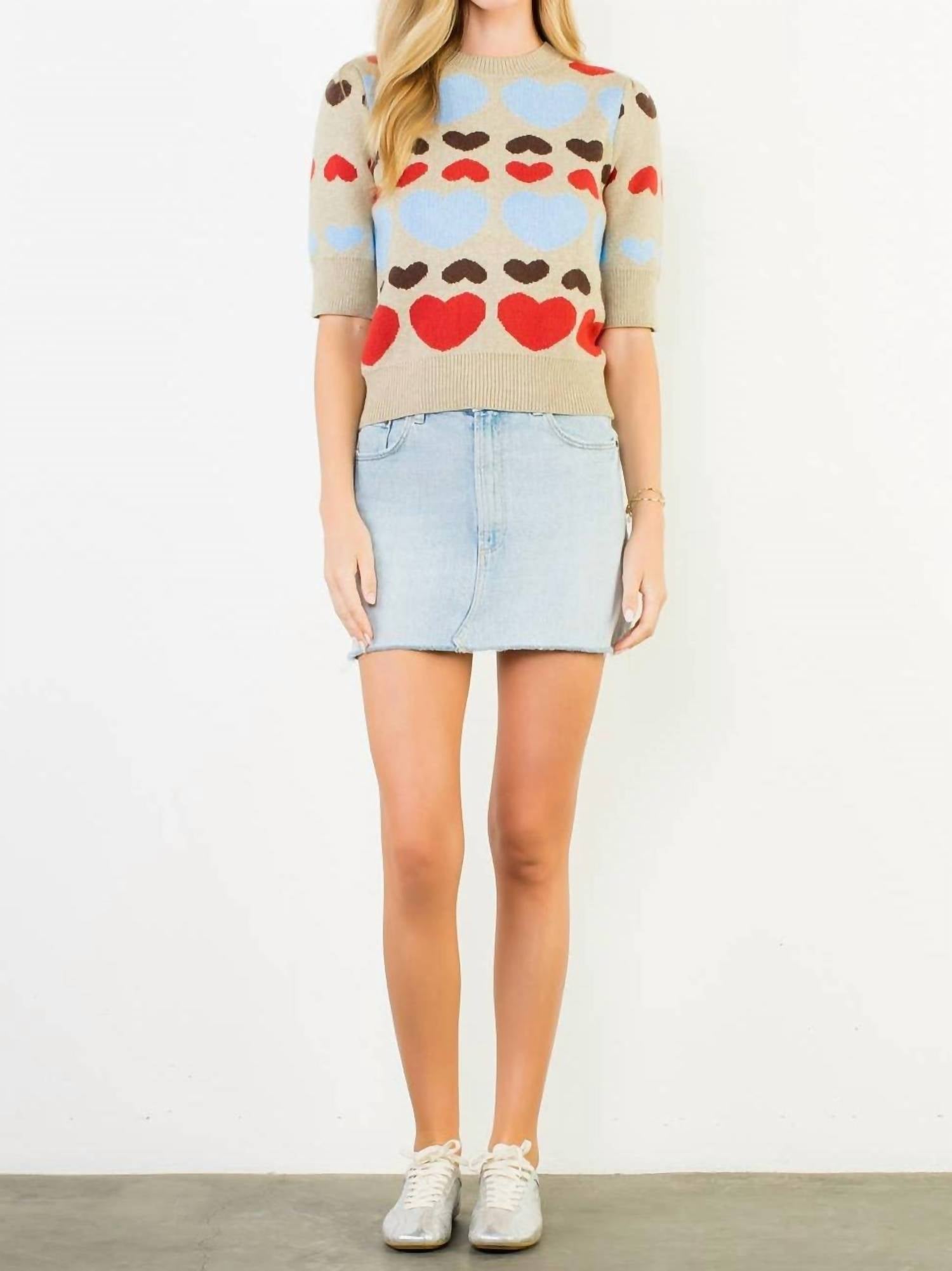 THML With All My Heart Short Sleeve Heart Knit Top in beige multi - women's sweater - alternate view