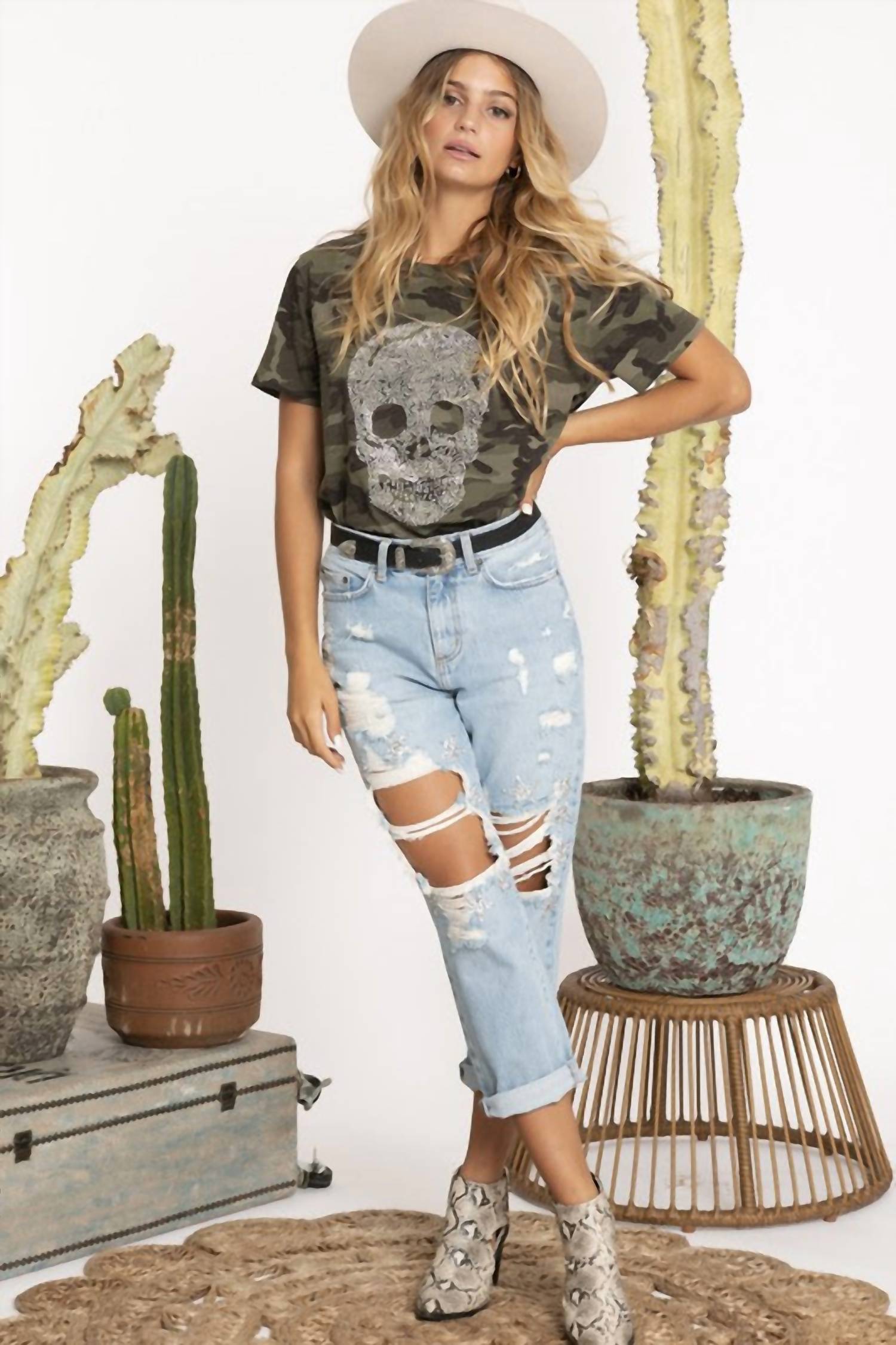Blue Buttercup - Camo Studded Skull Top