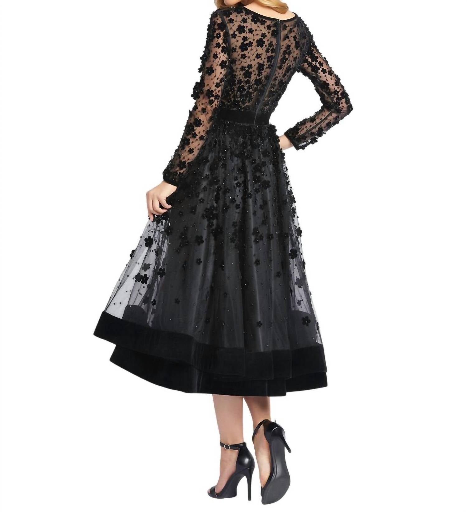 MAC DUGGAL Long Sleeve Tea-length Formal Dress in black - women's dress - detail view