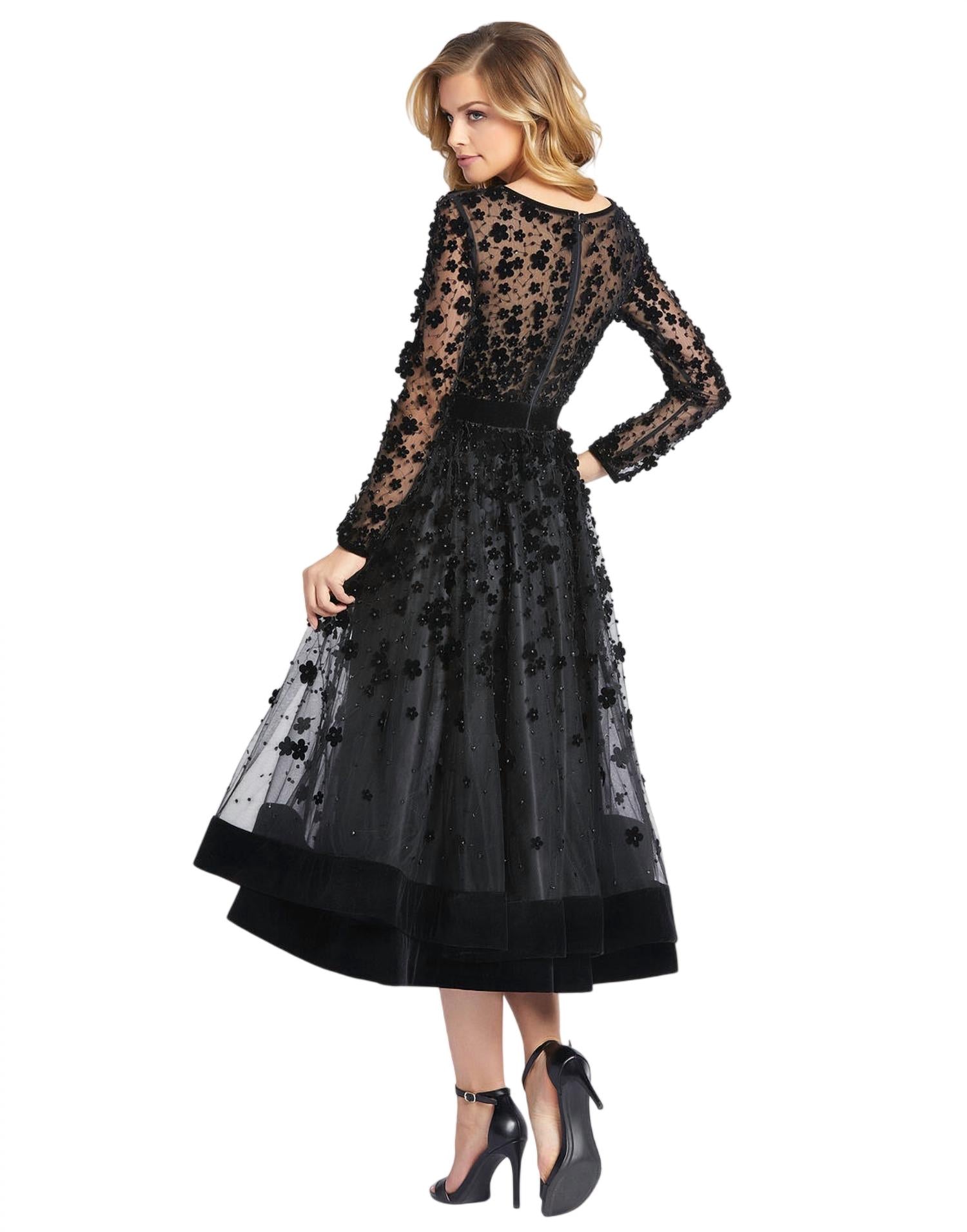MAC DUGGAL Long Sleeve Tea-length Formal Dress in black - women's dress - alternate view