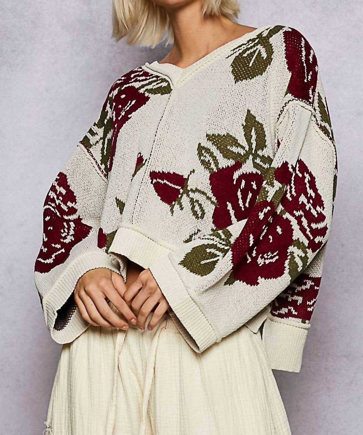 Pol - Long Sleeve Contrast Floral Sweater Top