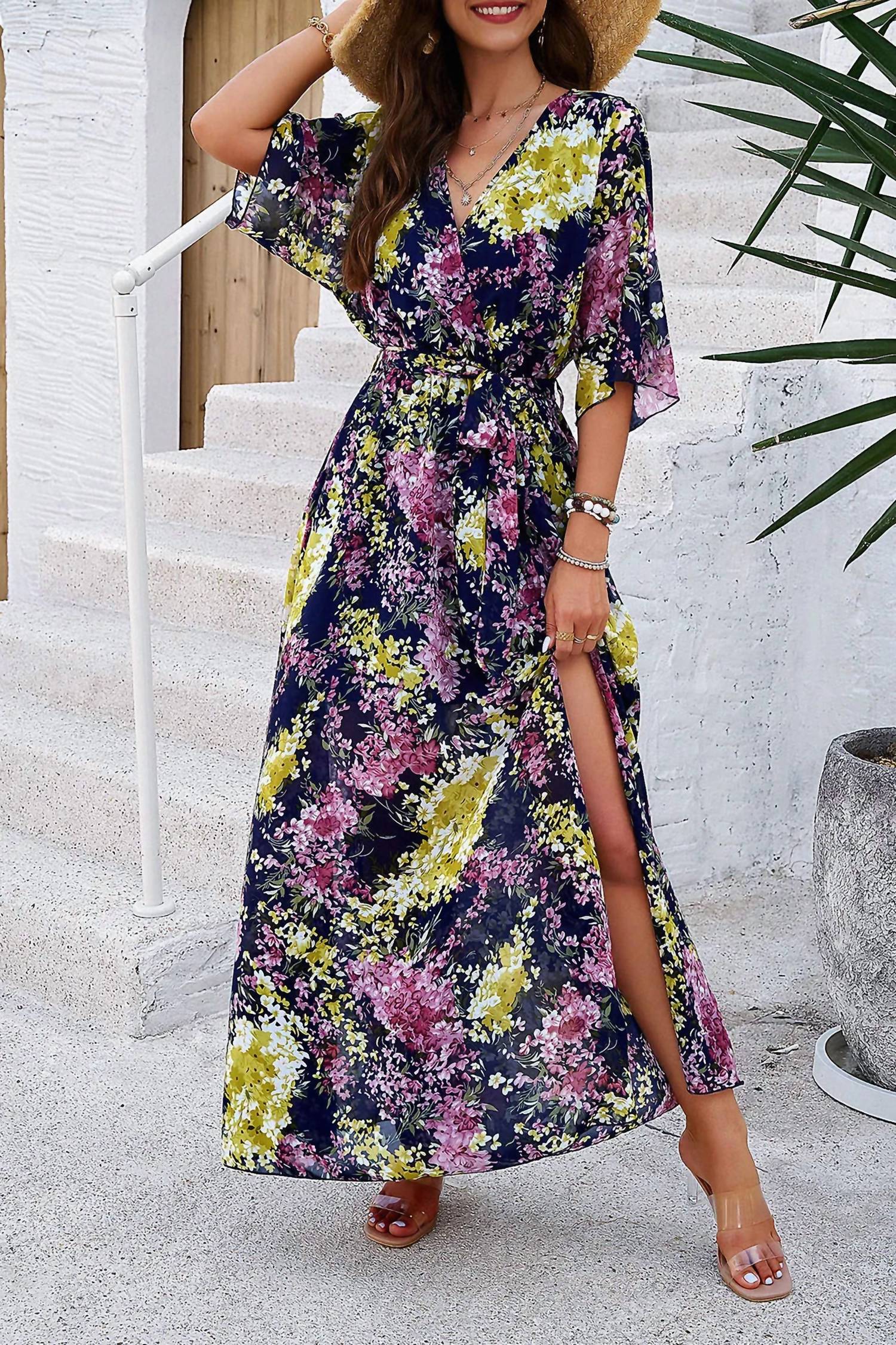 Trendsi - Devine Printed Tied Half Sleeve Slit Dress