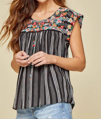 Andree By Unit - Flutter Sleeve Striped And Embroidered Top