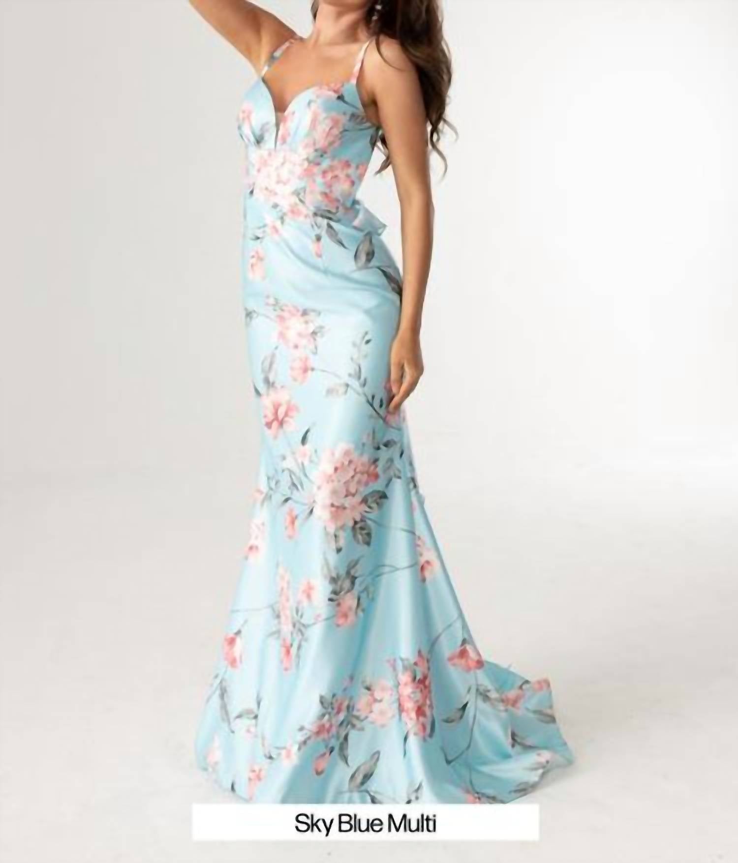 Rachel Allan - Floral Print Fitted Ruffled Gown