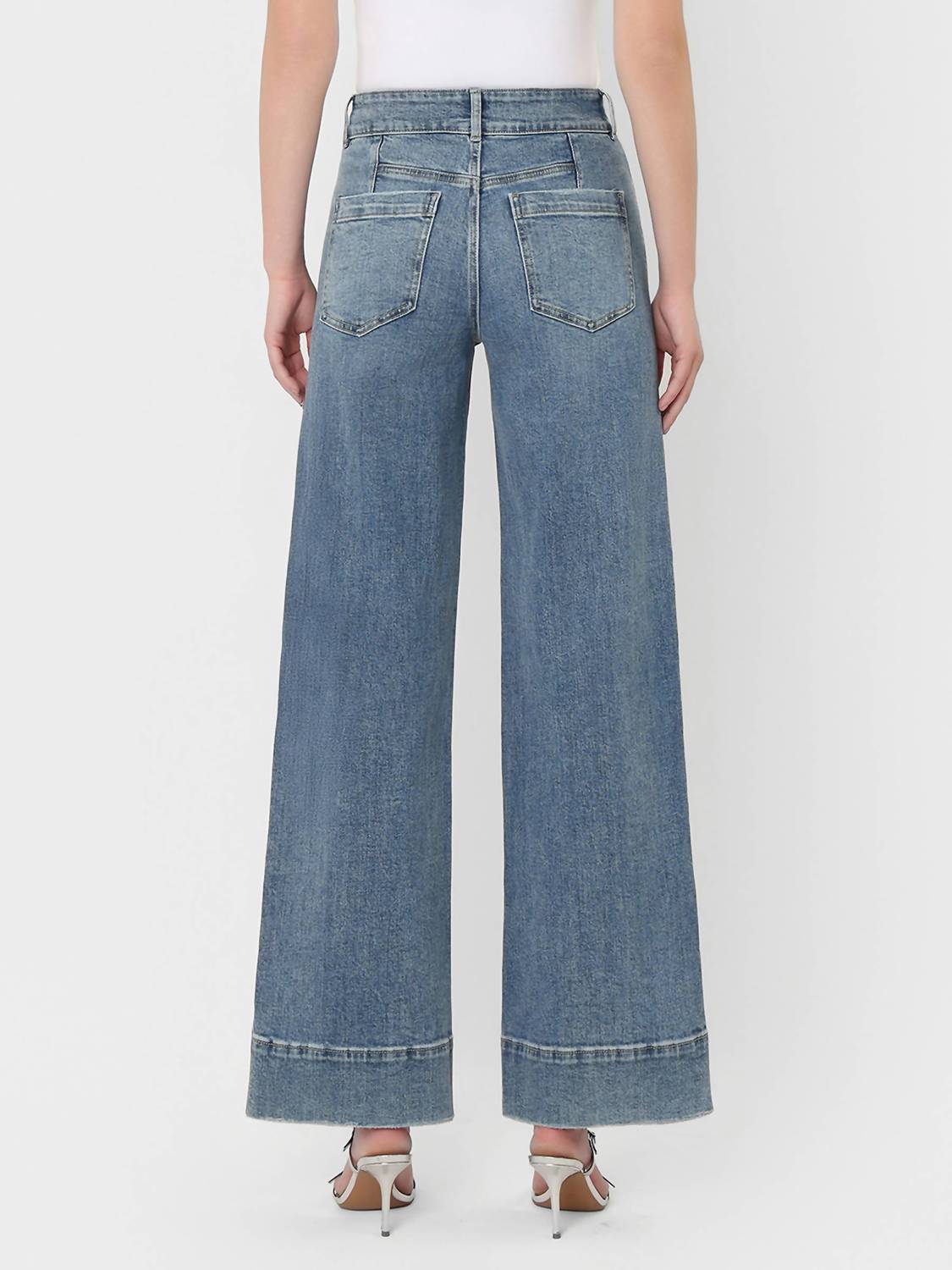 FLYING MONKEY Super High Rise Half Yoke Trouser Hem Wide Leg Jeans in medium blue - women's jeans - detail view