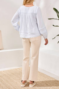 TRIBAL Crinkle Gauze Button-front Balloon Sleeve Frayed Hem Blouse in saltwater - women's blouse - view 4