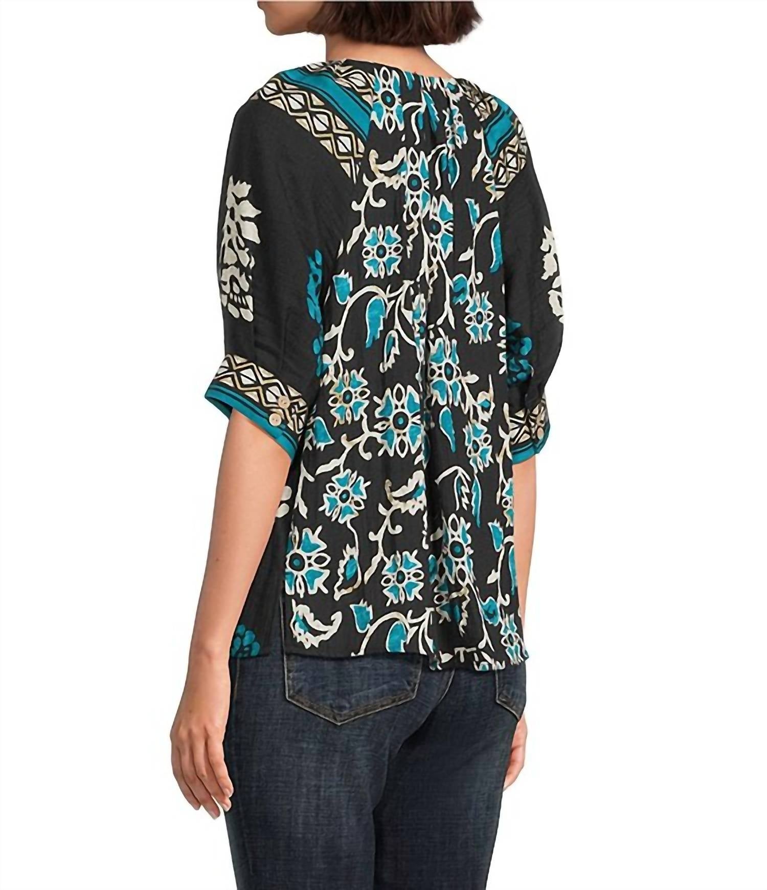 Tru Luxe - Floral Border Print Split V-neck Elbow Sleeve Top