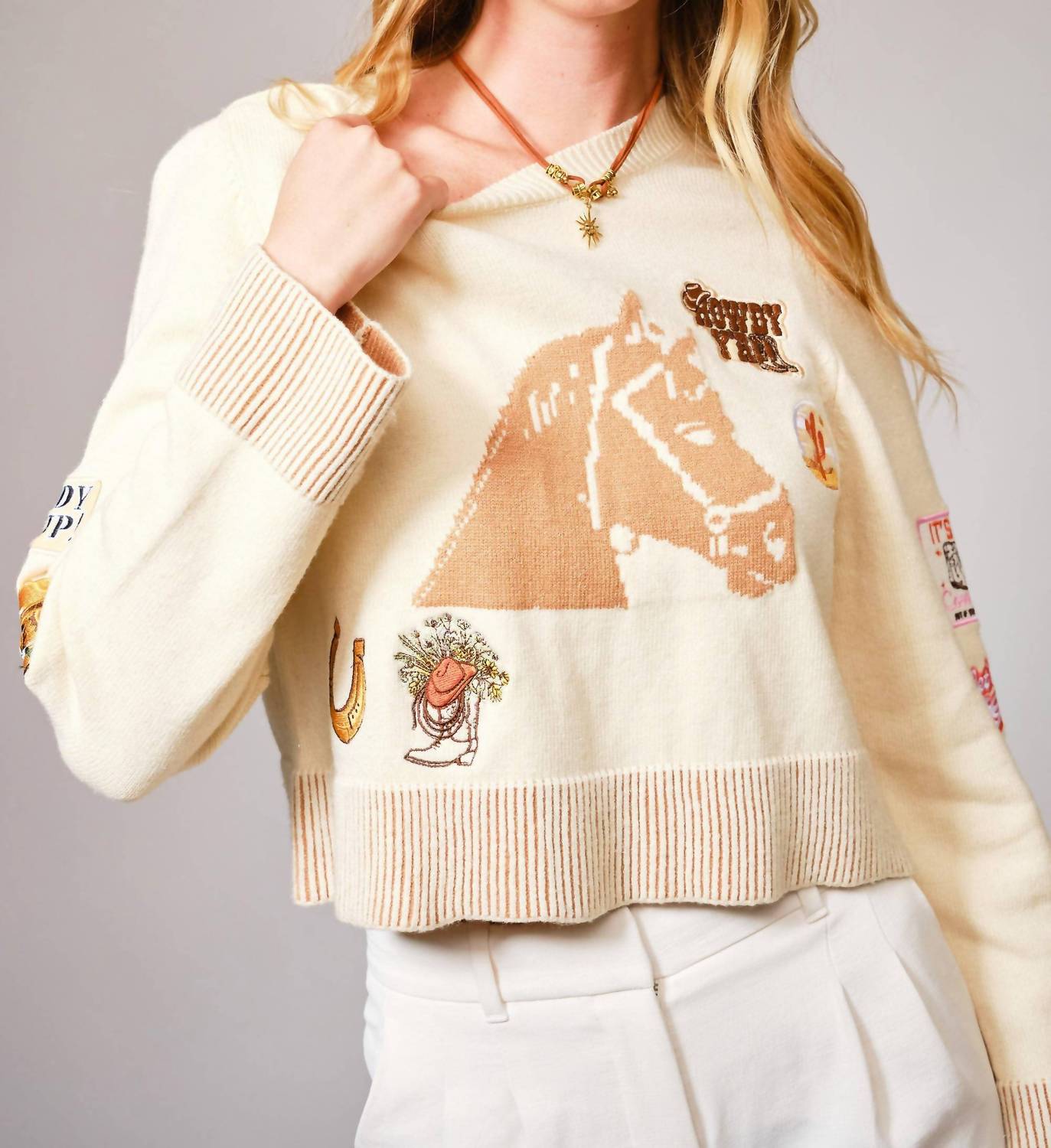 Blue B - Horse Graphic Western Patch Sweater