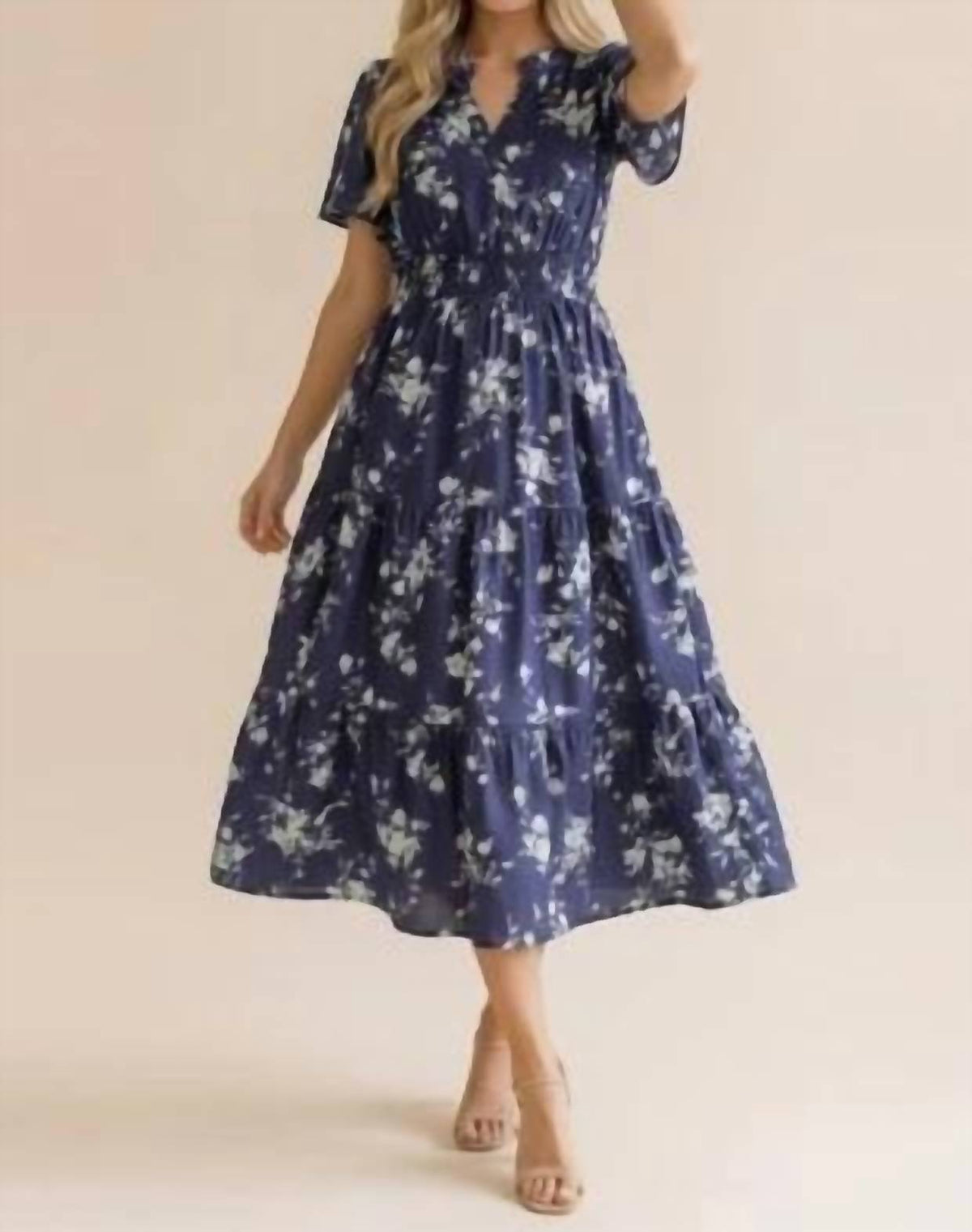 Haptics - Notch Neck Smocked Waist Tiered Floral Dress - Plus