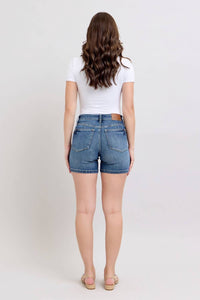 Judy Blue Tummy Control Mid Length Shorts in blue - women's shorts - detail view