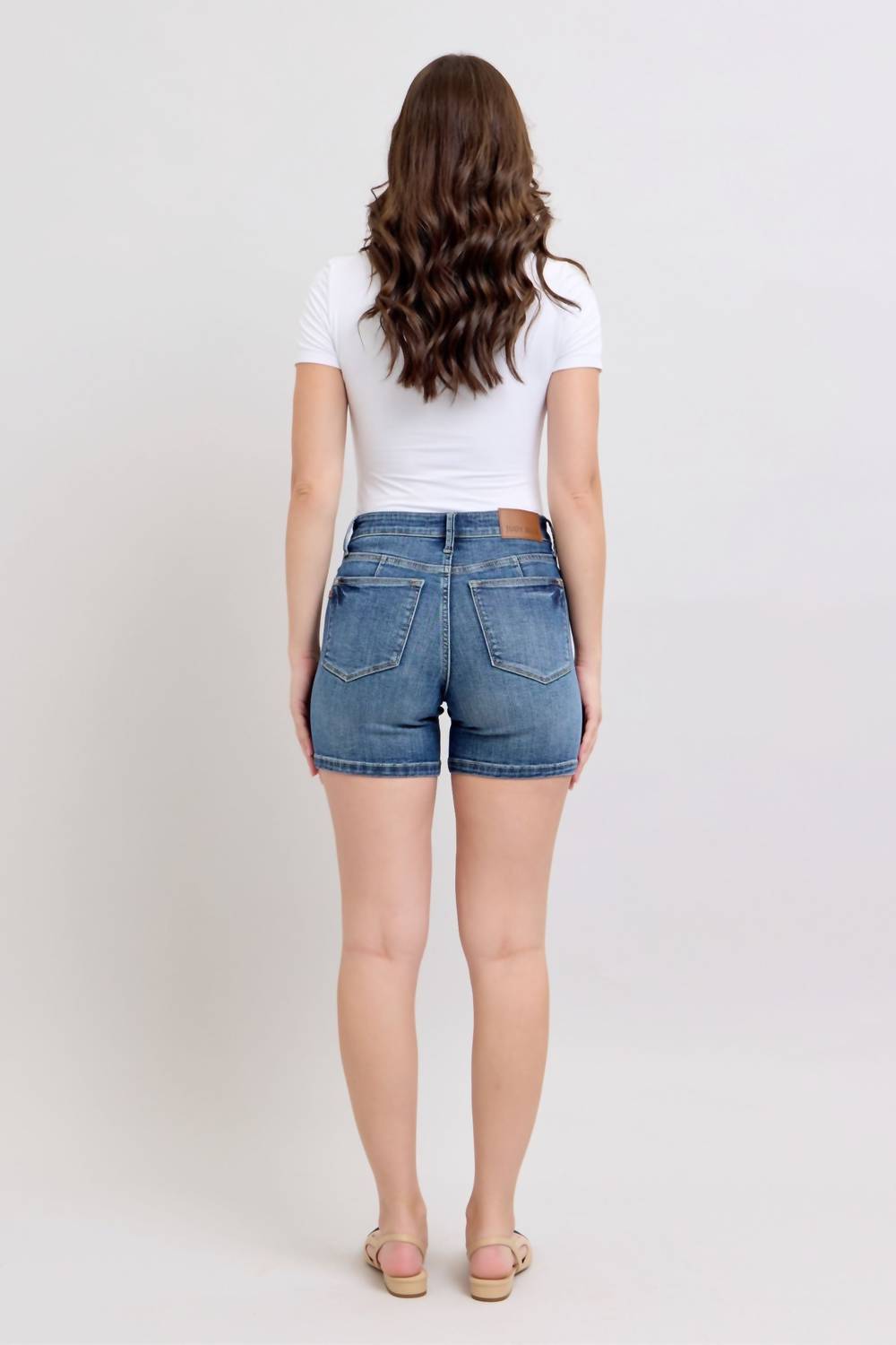 Judy Blue Tummy Control Mid Length Shorts in blue - women's shorts - detail view