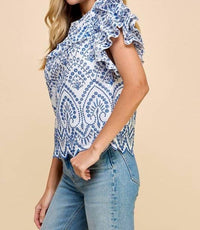 Tcec - Embroidered Eyelet Ruffle Sleeves Top