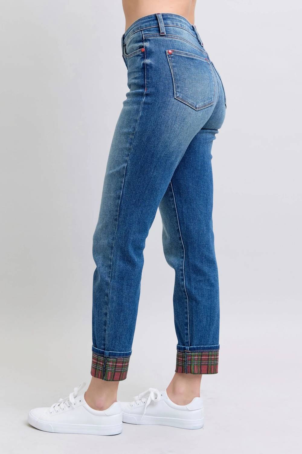 Judy Blue - Mid Rise Plaid Print Cuff Boyfriend Jeans