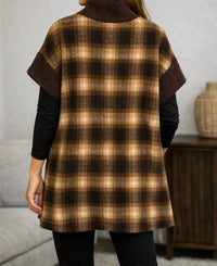 TRISHA TYLER Turtle neck tunic in brown plaid - women's shirt - detail view