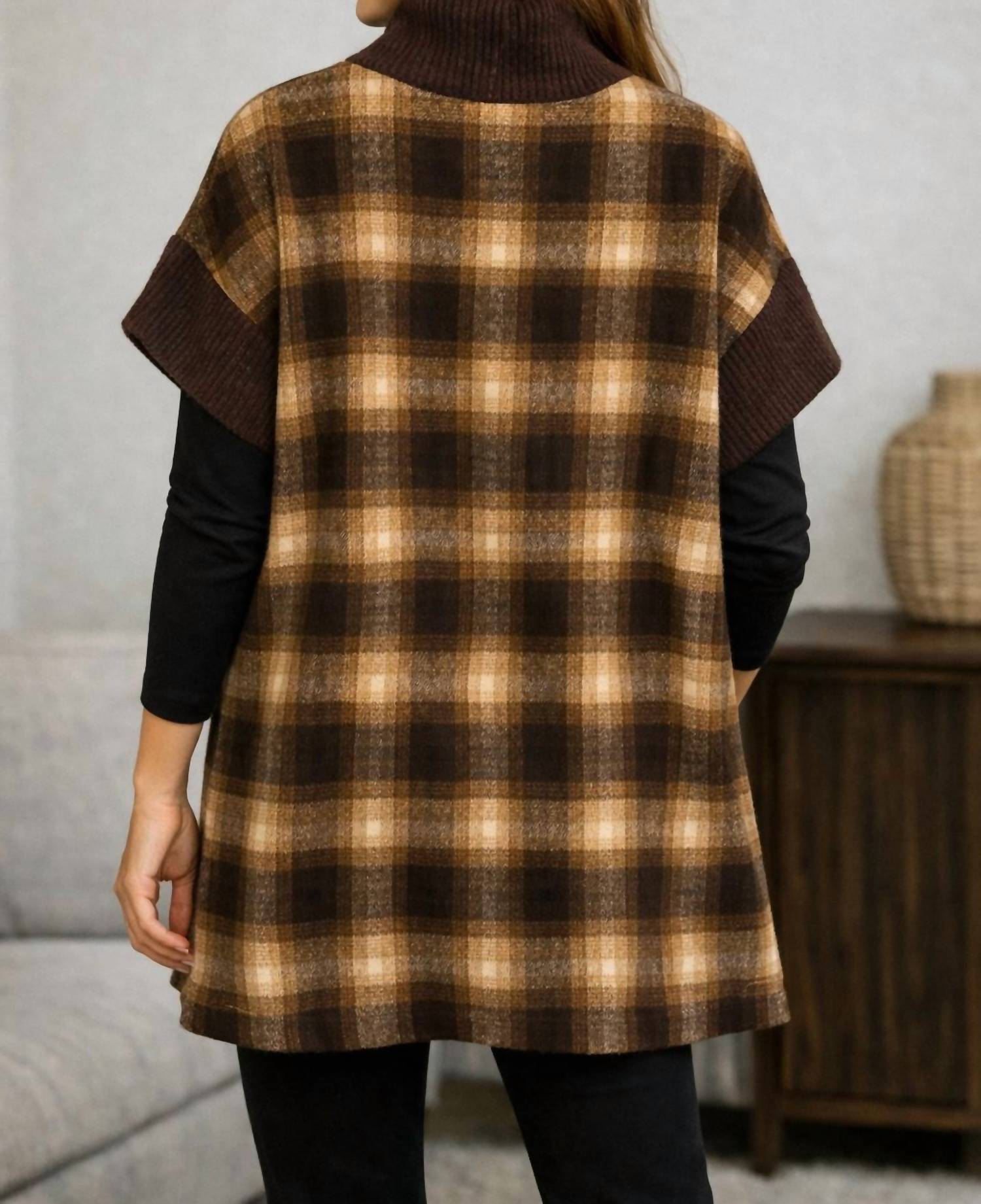 TRISHA TYLER Turtle neck tunic in brown plaid - women's shirt - detail view