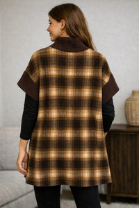 TRISHA TYLER Turtle neck tunic in brown plaid - women's shirt - alternate view