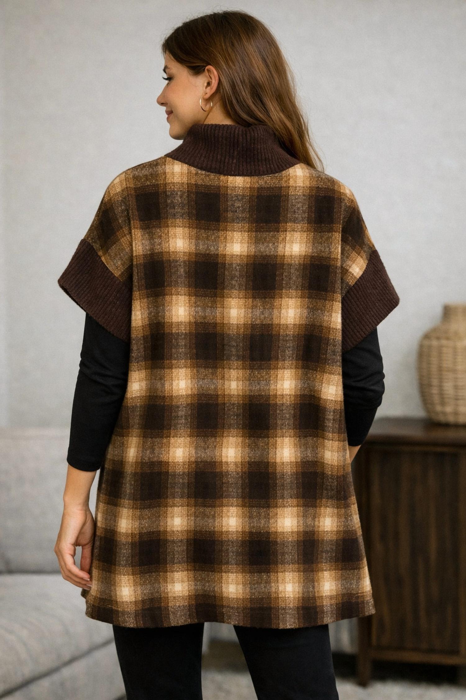 TRISHA TYLER Turtle neck tunic in brown plaid - women's shirt - alternate view