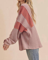 AEMI + CO Fern Lightweight Patch Henley Sweater in mauve - women's long sleeve top - detail view