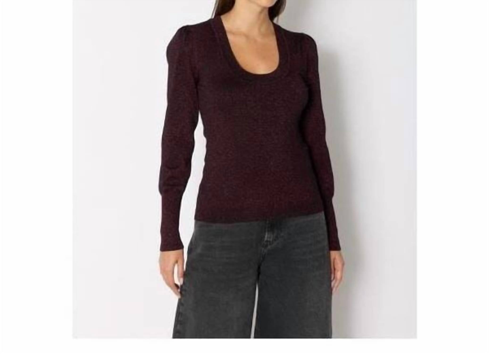Berenice Pull Maille Laurex Bouffantes Top in burgandy lurex - women's long sleeve top