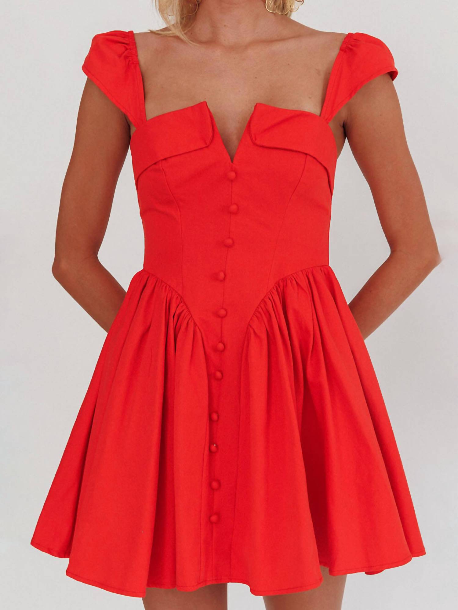 Saints + Secrets - Pleated Square Collar Button Front Mini Dress