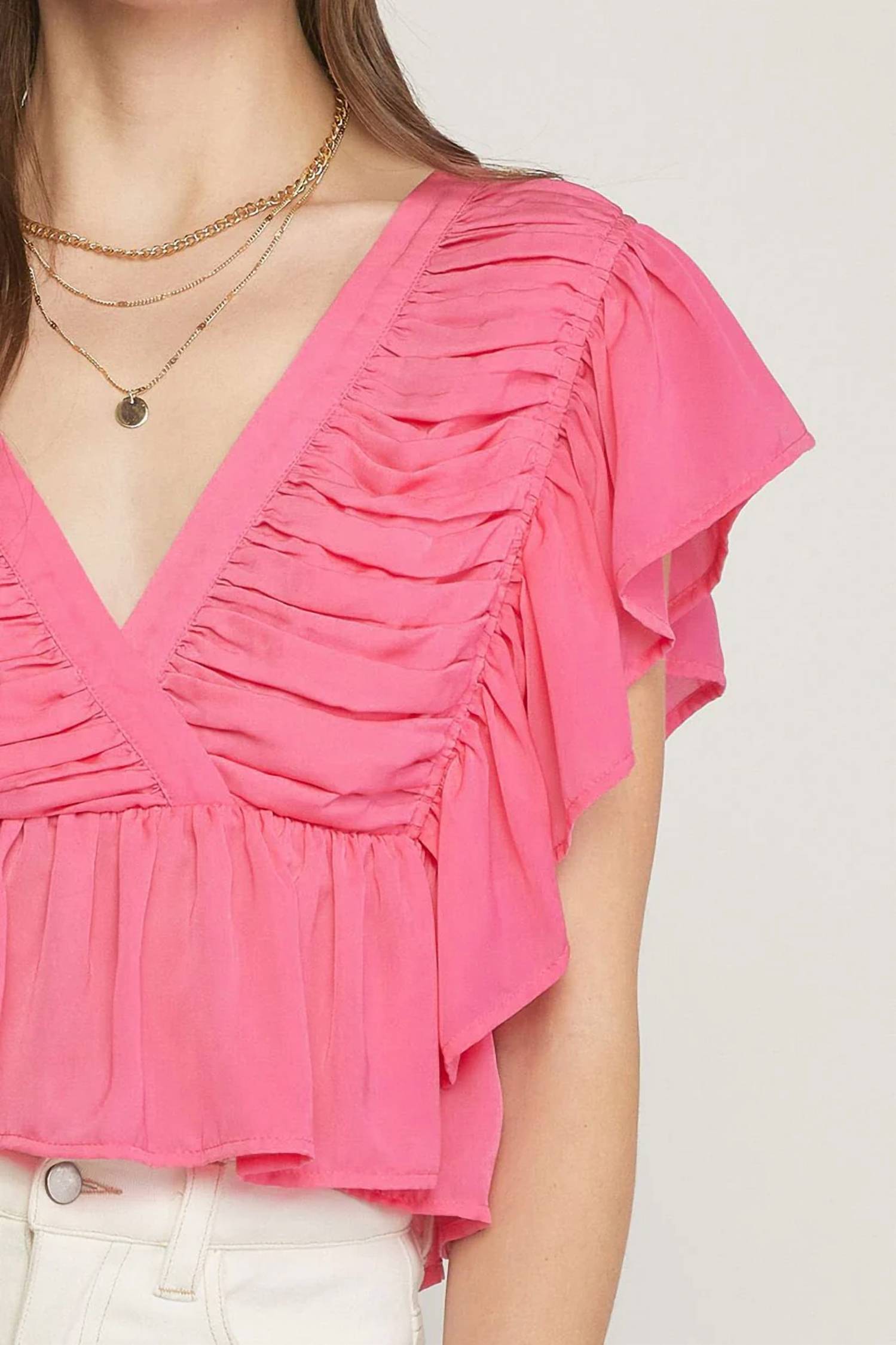 Entro - Solid V-neck Butterfly Sleeve Top
