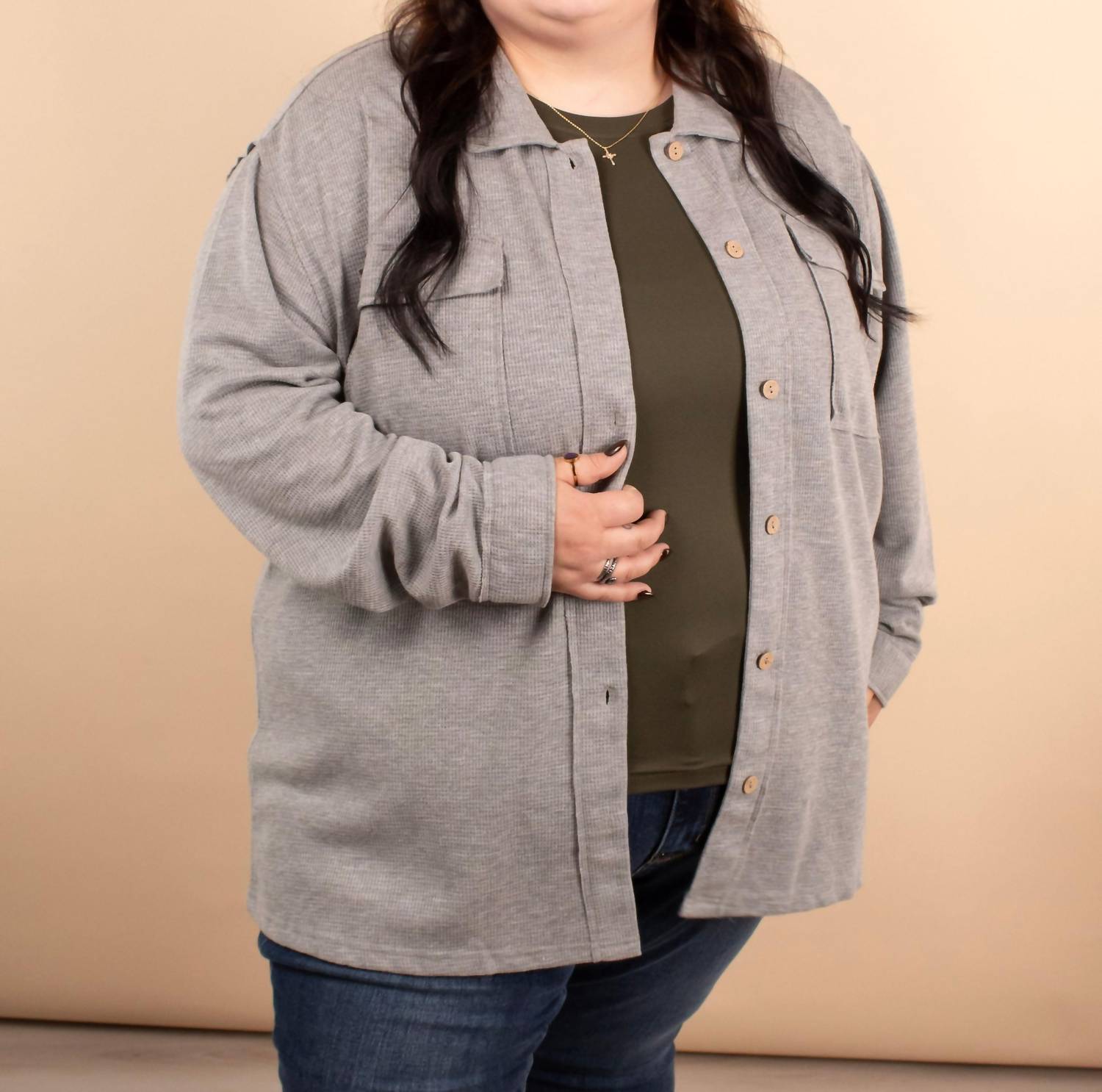 Michelle Mae - Layered Living Waffle Knit Button Up Jacket