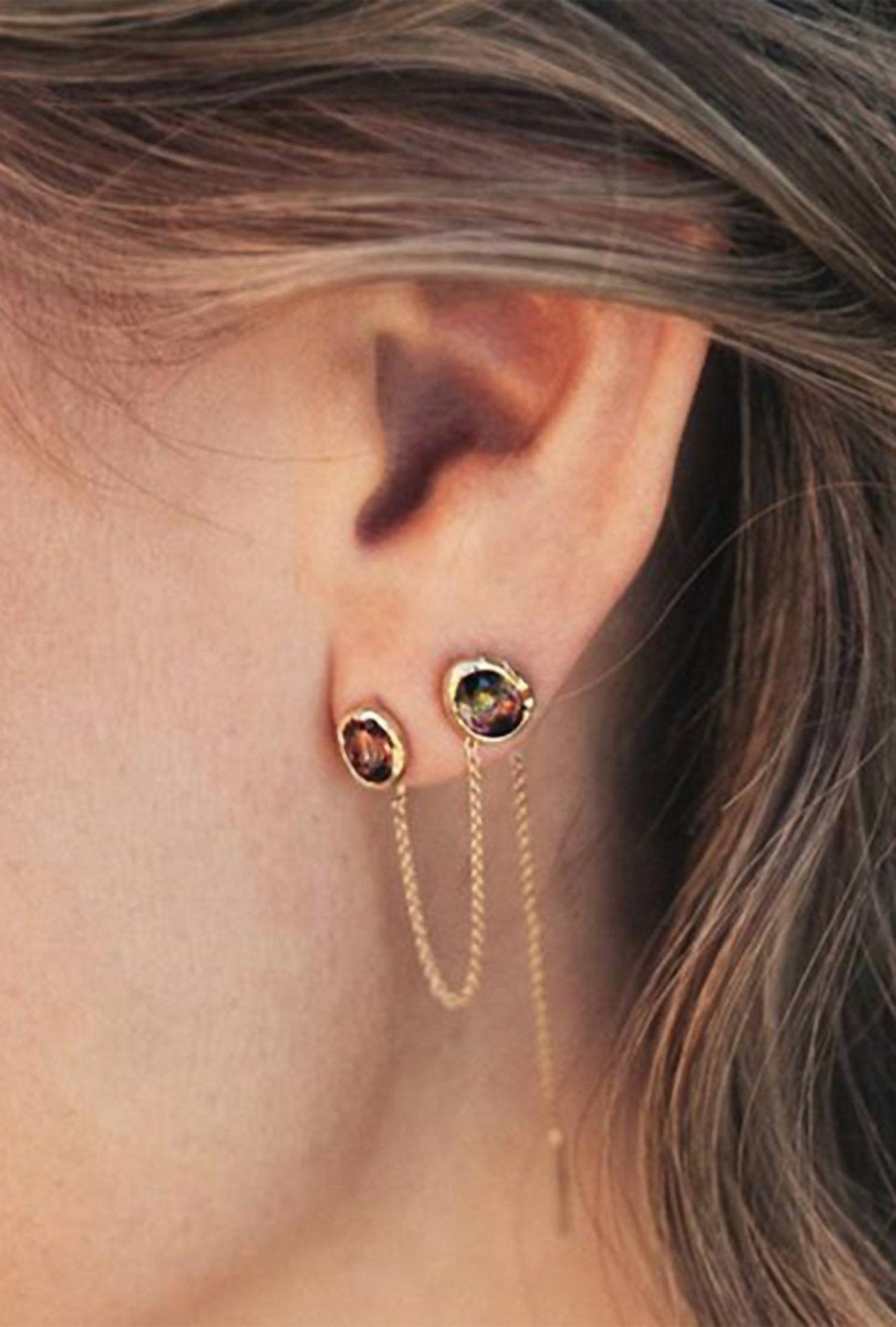Fie Isolde - Women's Alfa Threader Earring Long With Precious Stone - earrings - gold - jewelry