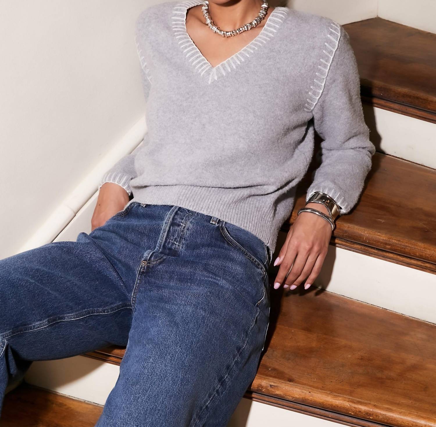 Fifteen Twenty - Ali Edge Stitch Sweater - clothing - grey - polyester