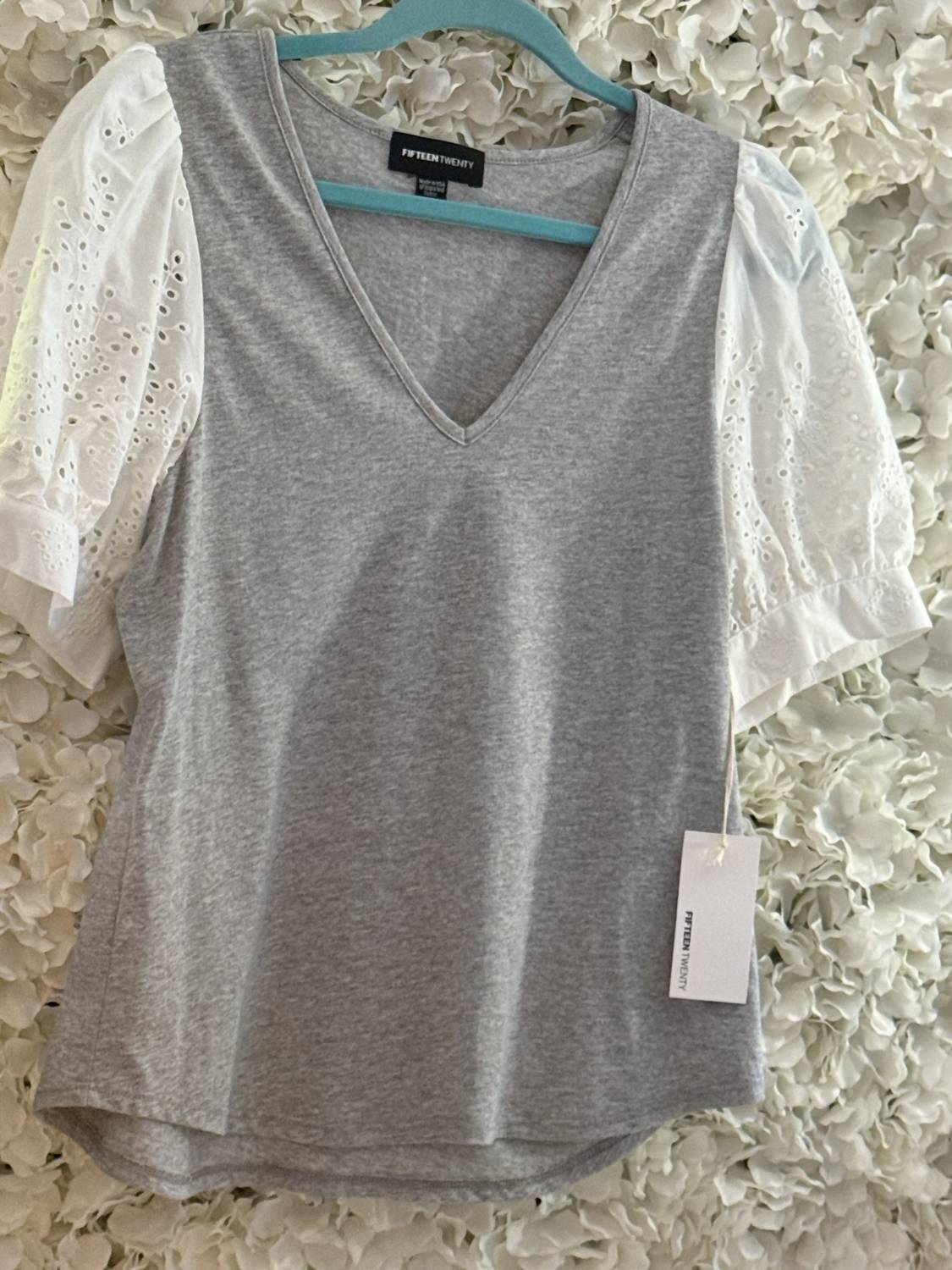 Fifteen Twenty - Women's Eyelet Sleeve Top - clothing - grey - shirts