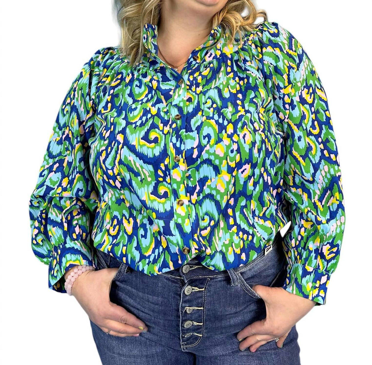 First Love - Abstract Print Mandarin Collar Button Down Top