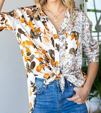 First Love - Floral Block Button Down Satin Shirt