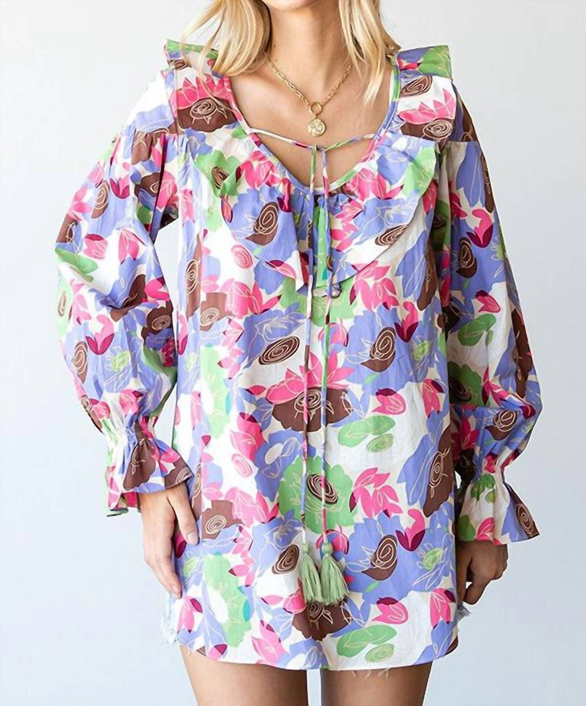 First Love - Floral Ruffle V-Neck Tassel Drawstring Top