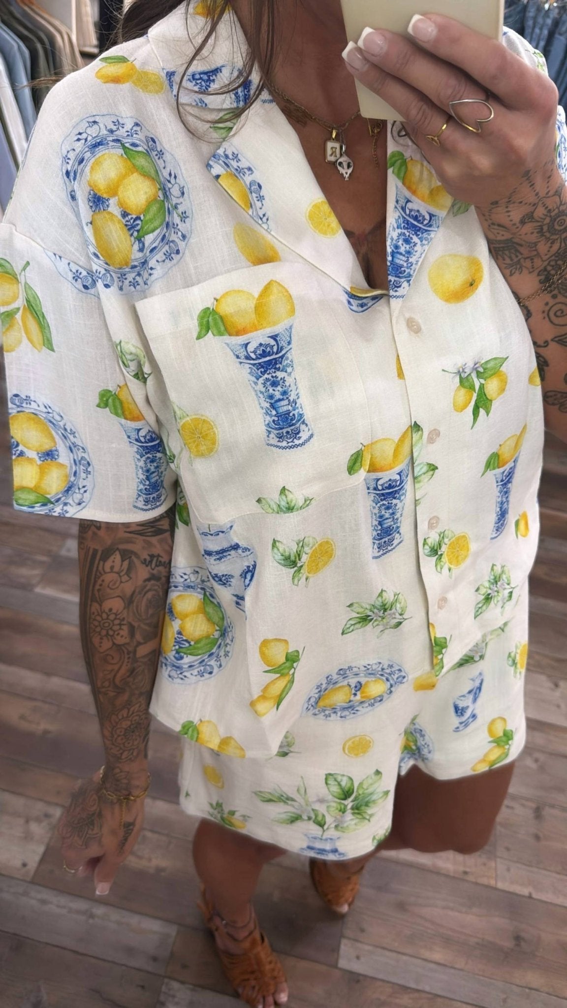 Flat White - Lucy Lemon Short Sleeve Button Down Top - button - down - shirts - clothing - graphic