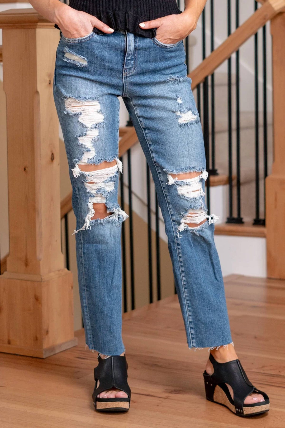 Flying Monkey - Distressed High Rise Relaxed Straight Jeans