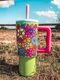 Flying S Company - Retro Groovy Floral 24oz Stainless Steel Tumbler Cup with Handle - dining - drinkware - green