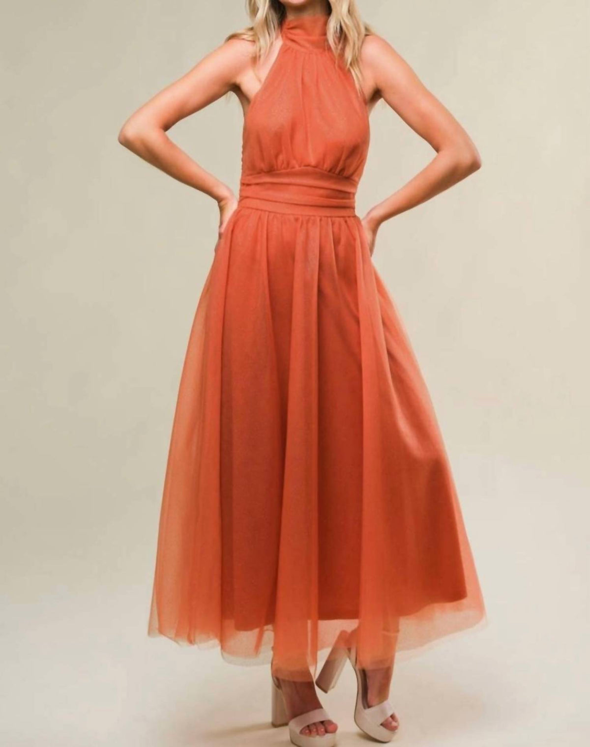 Flying Tomato - Amber Glow Bow-back Halter Dress