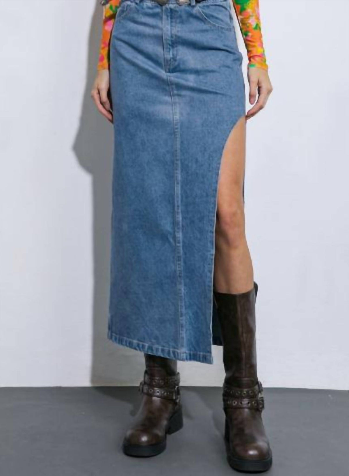 Flying Tomato - Washed Denim Midi Skirt