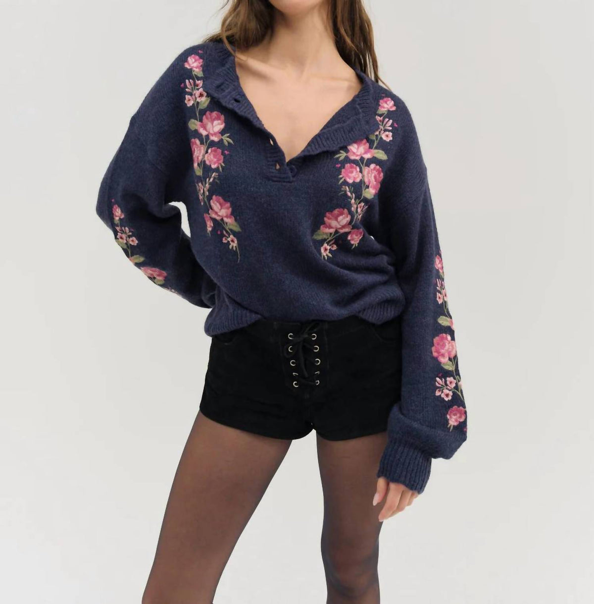 For Love & Lemons - Molly Embroidered V-neck Sweater