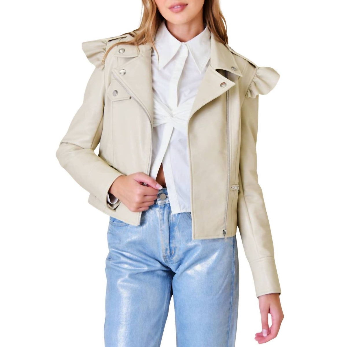 Fore Collection - Pleather Ruffle Moto Jacket