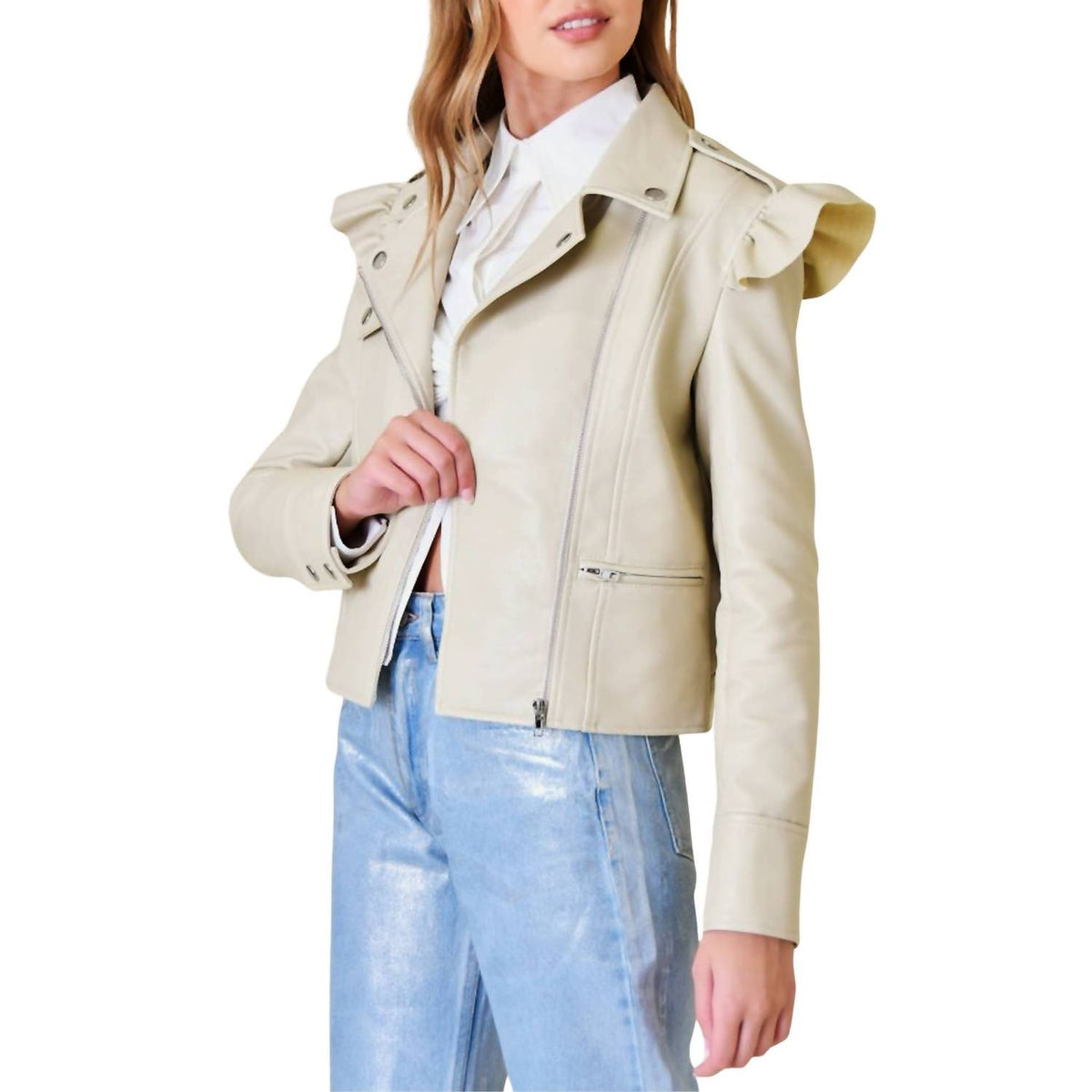 Fore Collection - Pleather Ruffle Moto Jacket